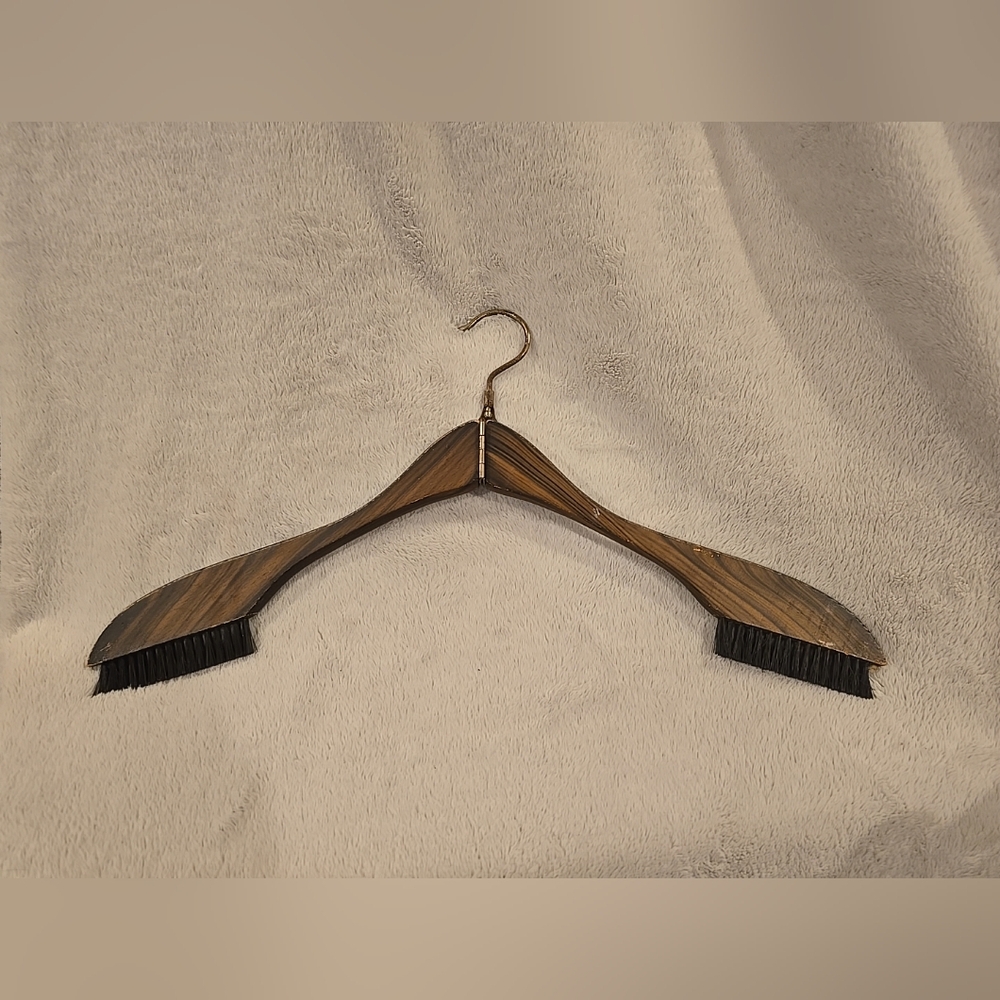 Vintage Folding Travel Hanger with Integrated Lint Brushes Faux Wood Brass Tone